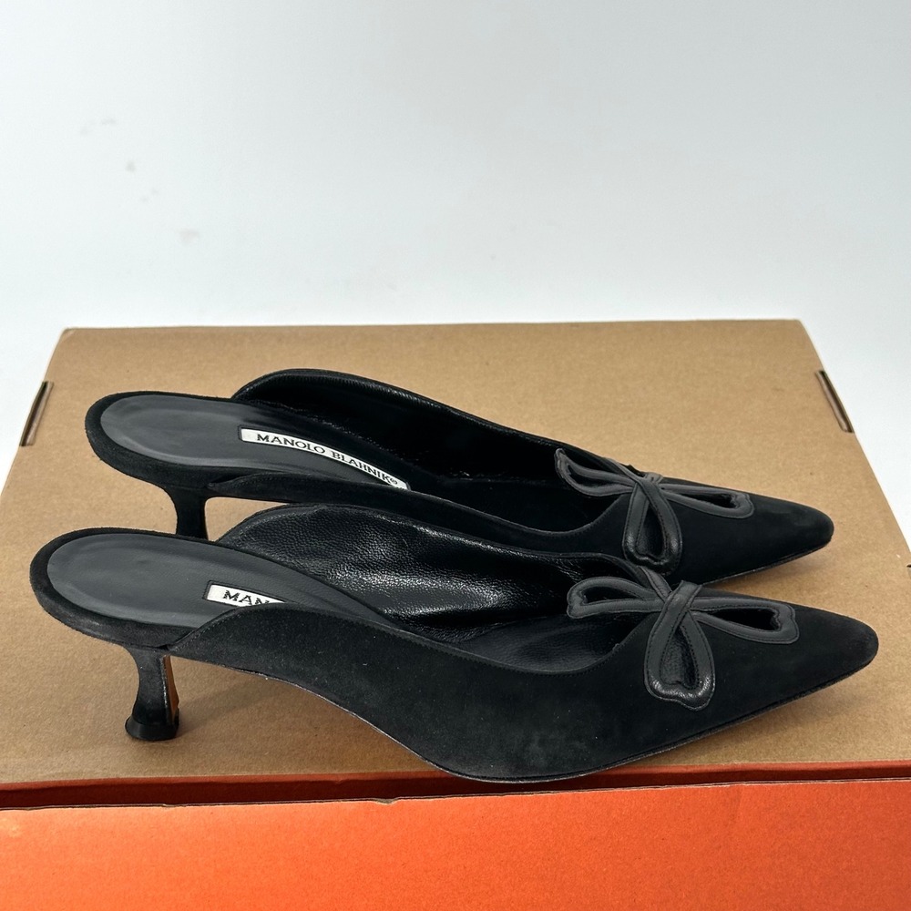 Y2K Manolo Blahnik Black Suede Leather Pointed Low Kitten Mule 2" Heel EU 37 - Picture 2 of 9